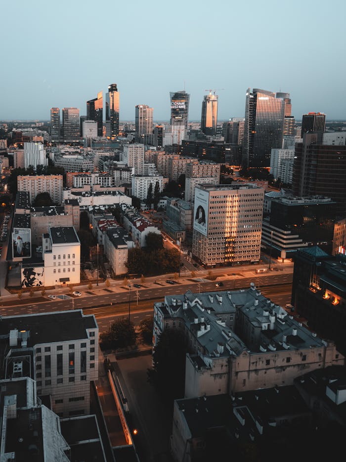 A captivating view of a city skyline with skyscrapers at twilight, enhancing urban elegance.